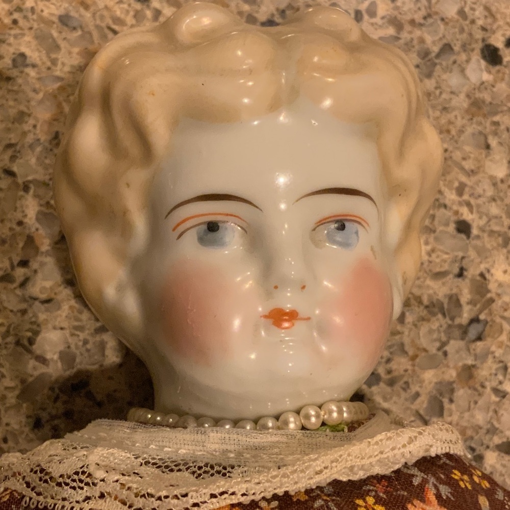 Antique German Porcelain Doll with Brown Floral Dress And Bloomers